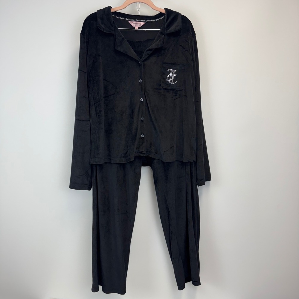 Juicy Couture Black Velour Pajama Set Rhinestone Logo XL 8329-51‎ Womens Sleep